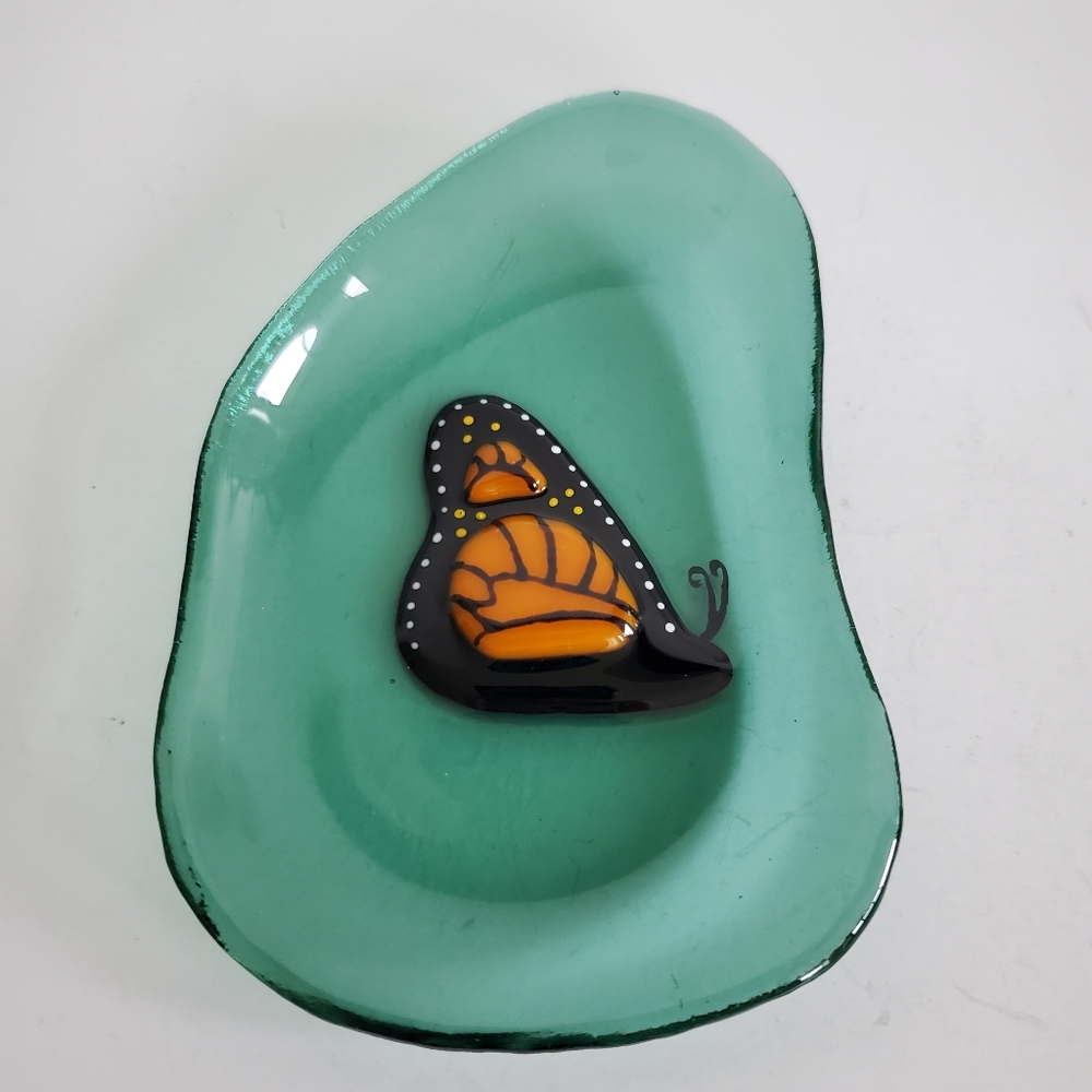 Spoon rest trinket green glass butterfly fused Glass